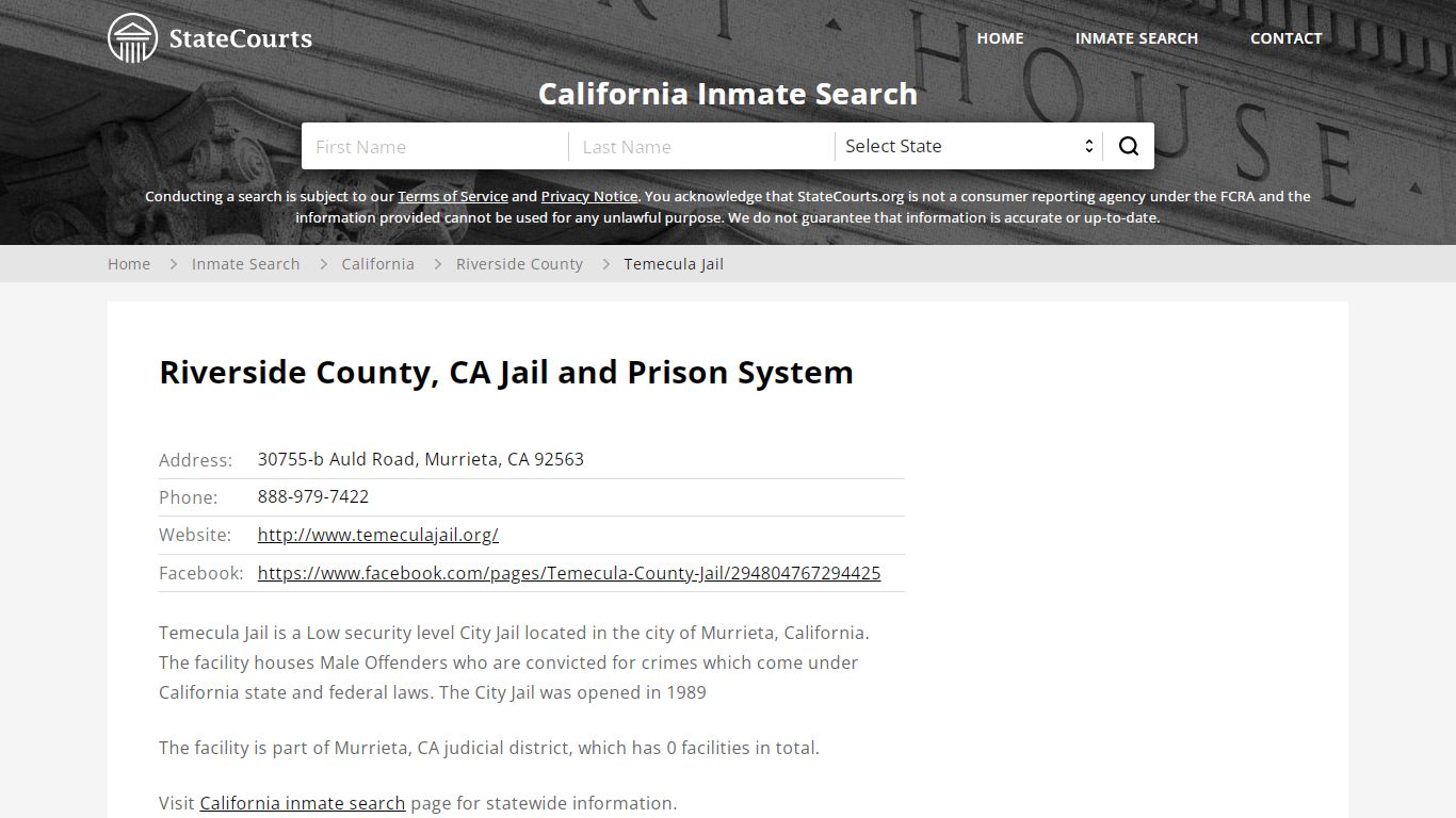Temecula Jail Inmate Records Search, California - StateCourts